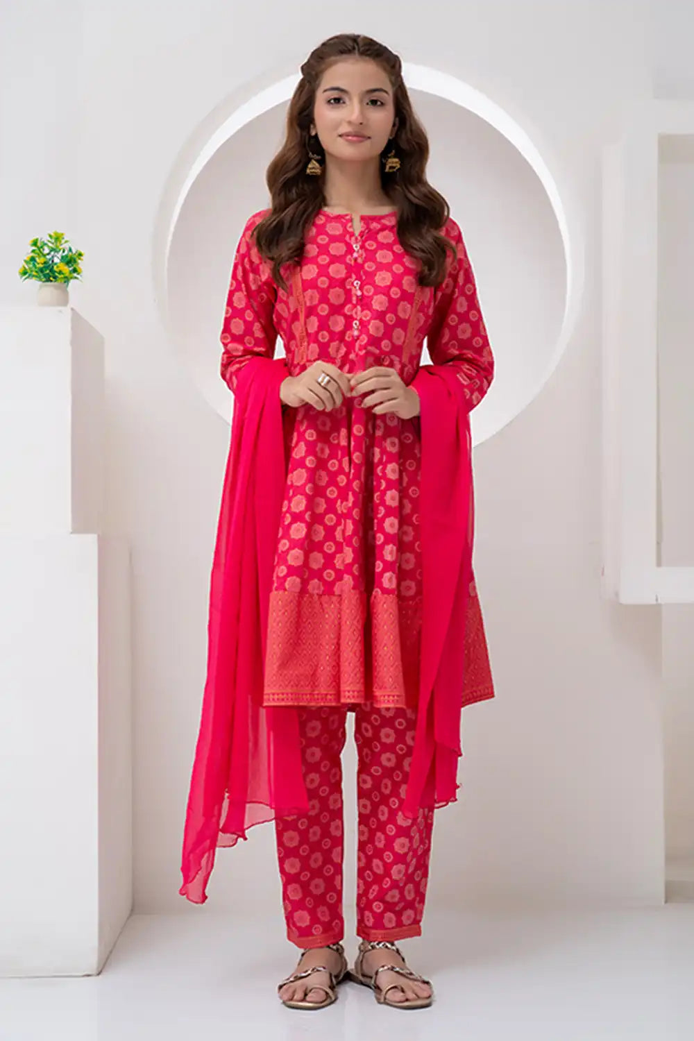 3 Piece Hot Pink Jacquard Eastern Phiswas  JK-PRT-012