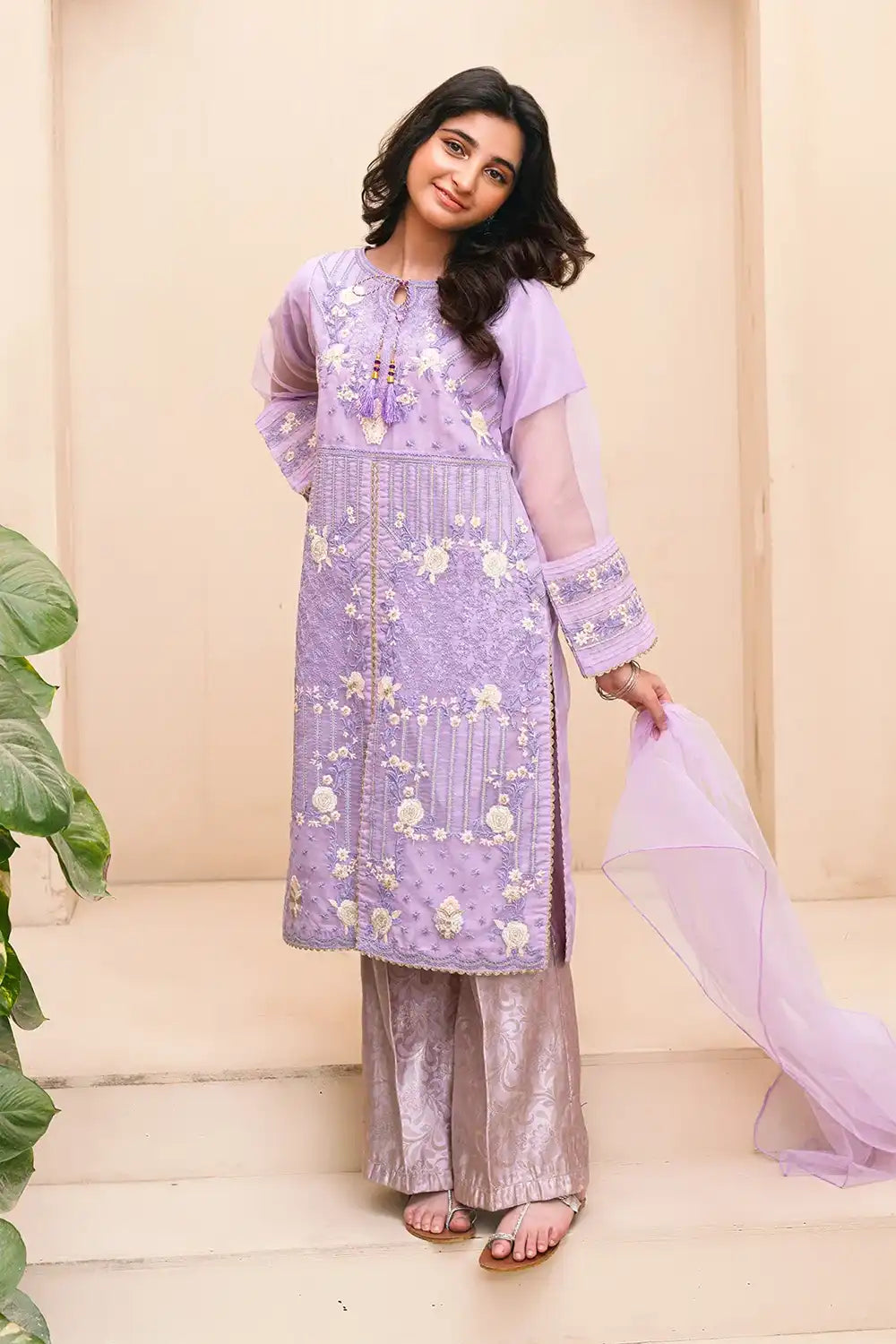 3 Piece Suit Lilac Embroidered with Banarsi Trouser RTWFDS-013