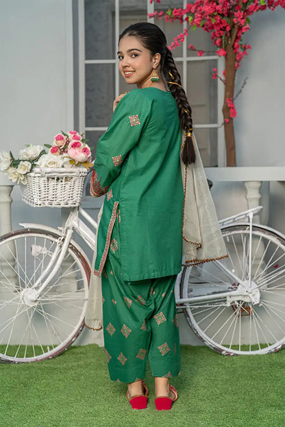 3 Piece Embroidered Dress Cambric Suit with Table Print T-EMB-002