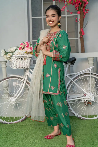 3 Piece Embroidered Dress Cambric Suit with Table Print T-EMB-002