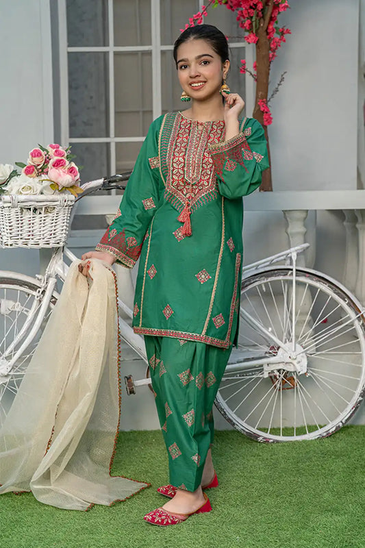 3 Piece Embroidered Dress Cambric Suit with Table Print T-EMB-002