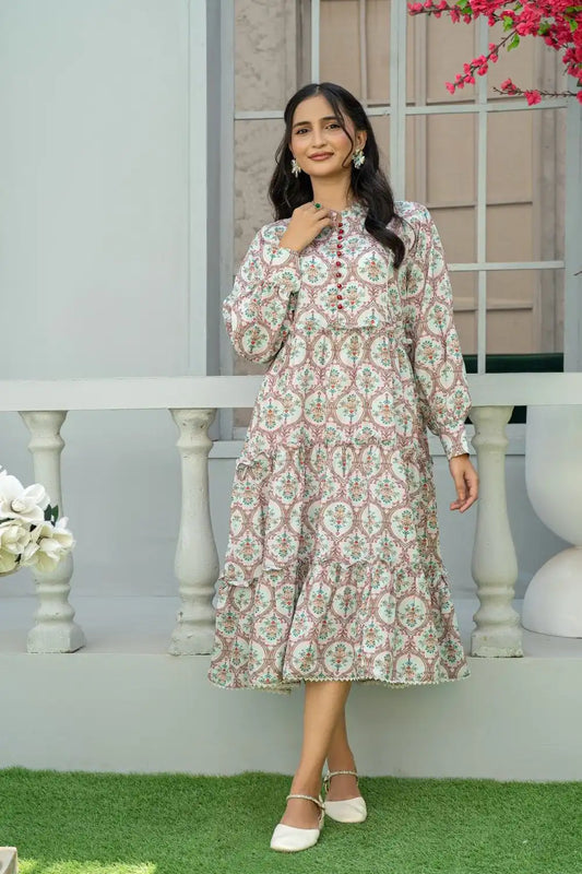 1 Piece Maxi Pinkish Red Mughal Print Light Khaddar T-FRK-010