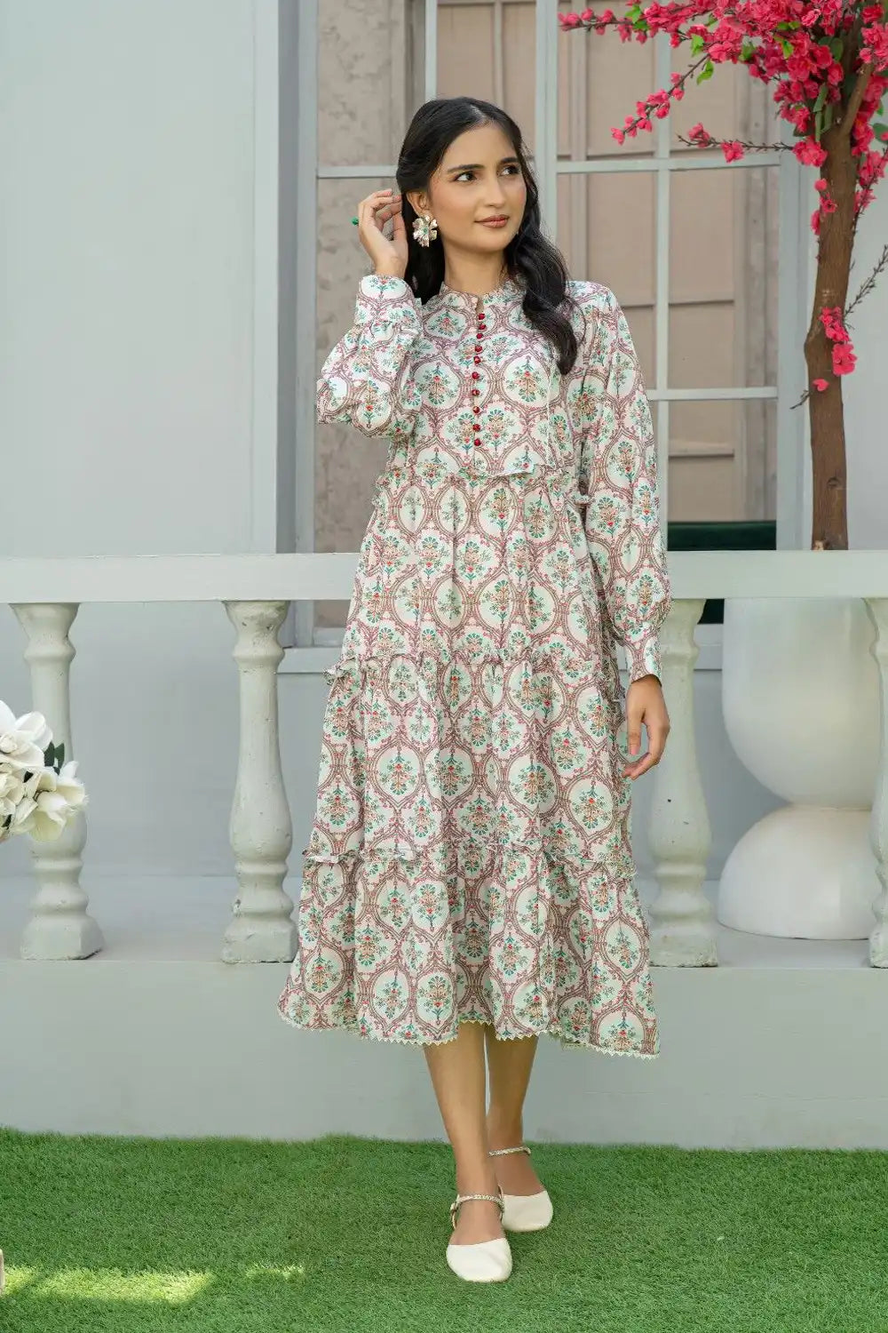 1 Piece Maxi Pinkish Red Mughal Print Light Khaddar T-FRK-010