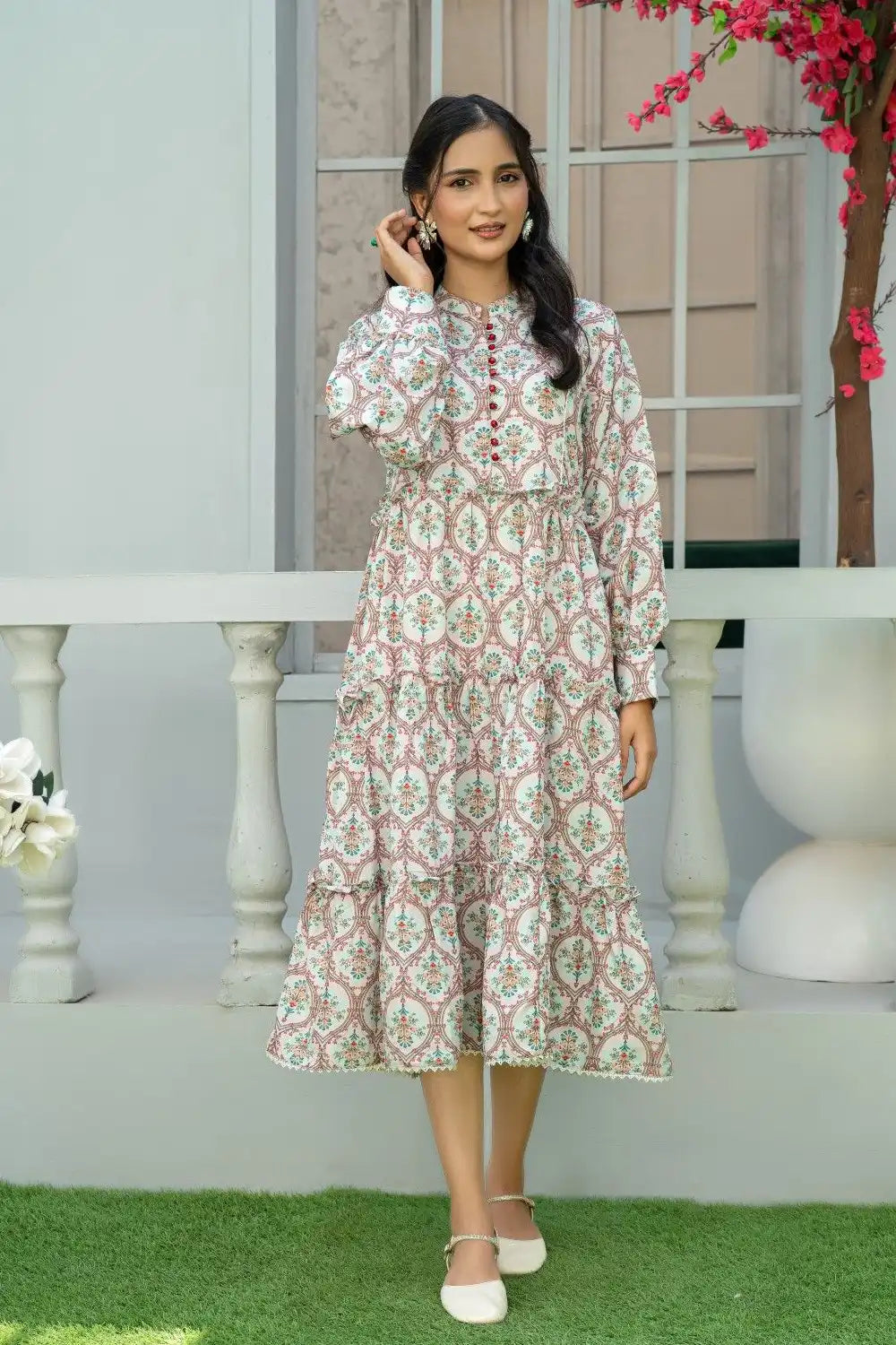 1 Piece Maxi Pinkish Red Mughal Print Light Khaddar T-FRK-010