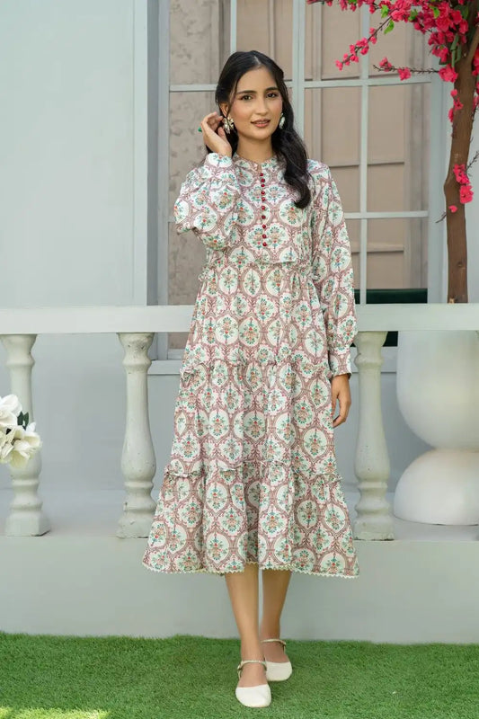 1 Piece Maxi Pinkish Red Mughal Print Light Khaddar T-FRK-010