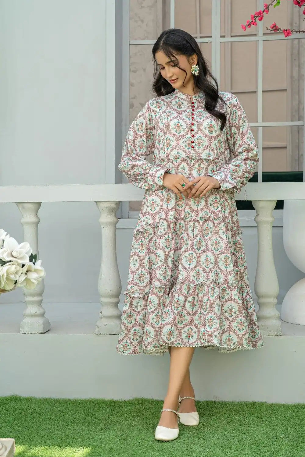 1 Piece Maxi Pinkish Red Mughal Print Light Khaddar T-FRK-010