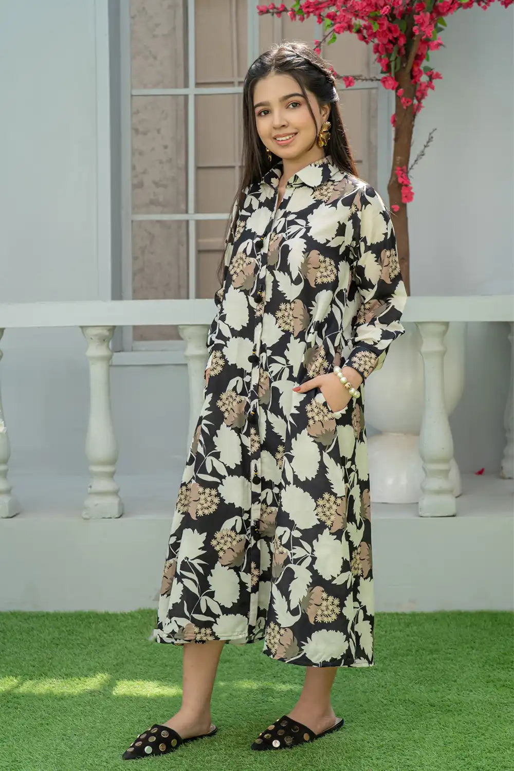 1 Piece Floral Printed Maxi Pom-Pom Detailing Arabian Lawn T-FRK-011