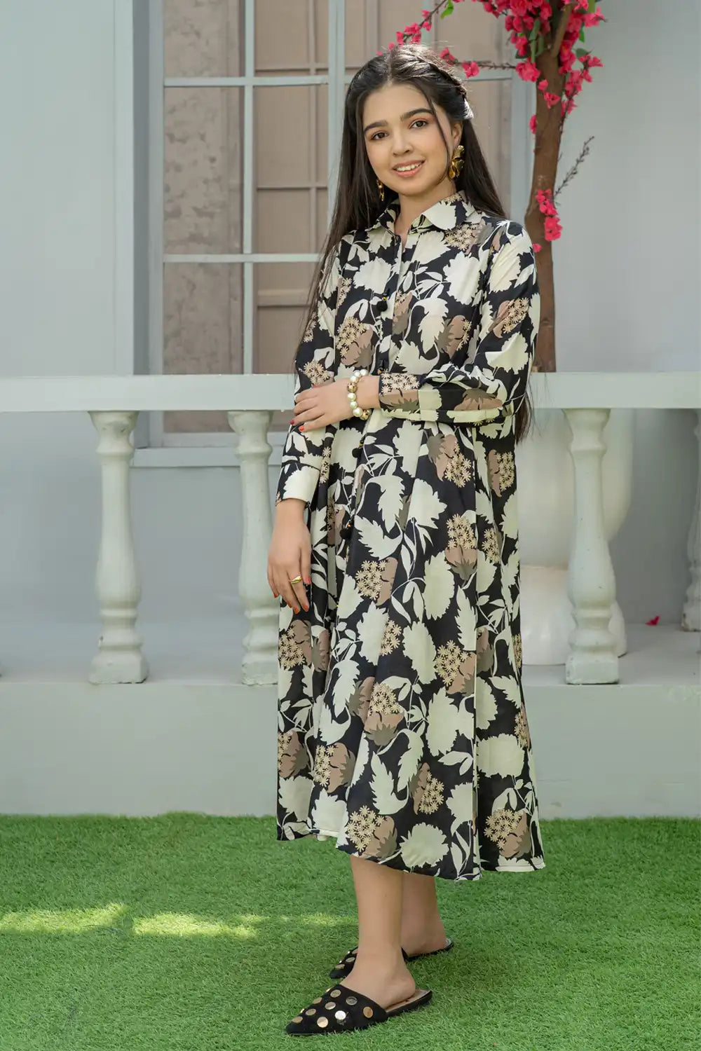 1 Piece Floral Printed Maxi Pom-Pom Detailing Arabian Lawn T-FRK-011