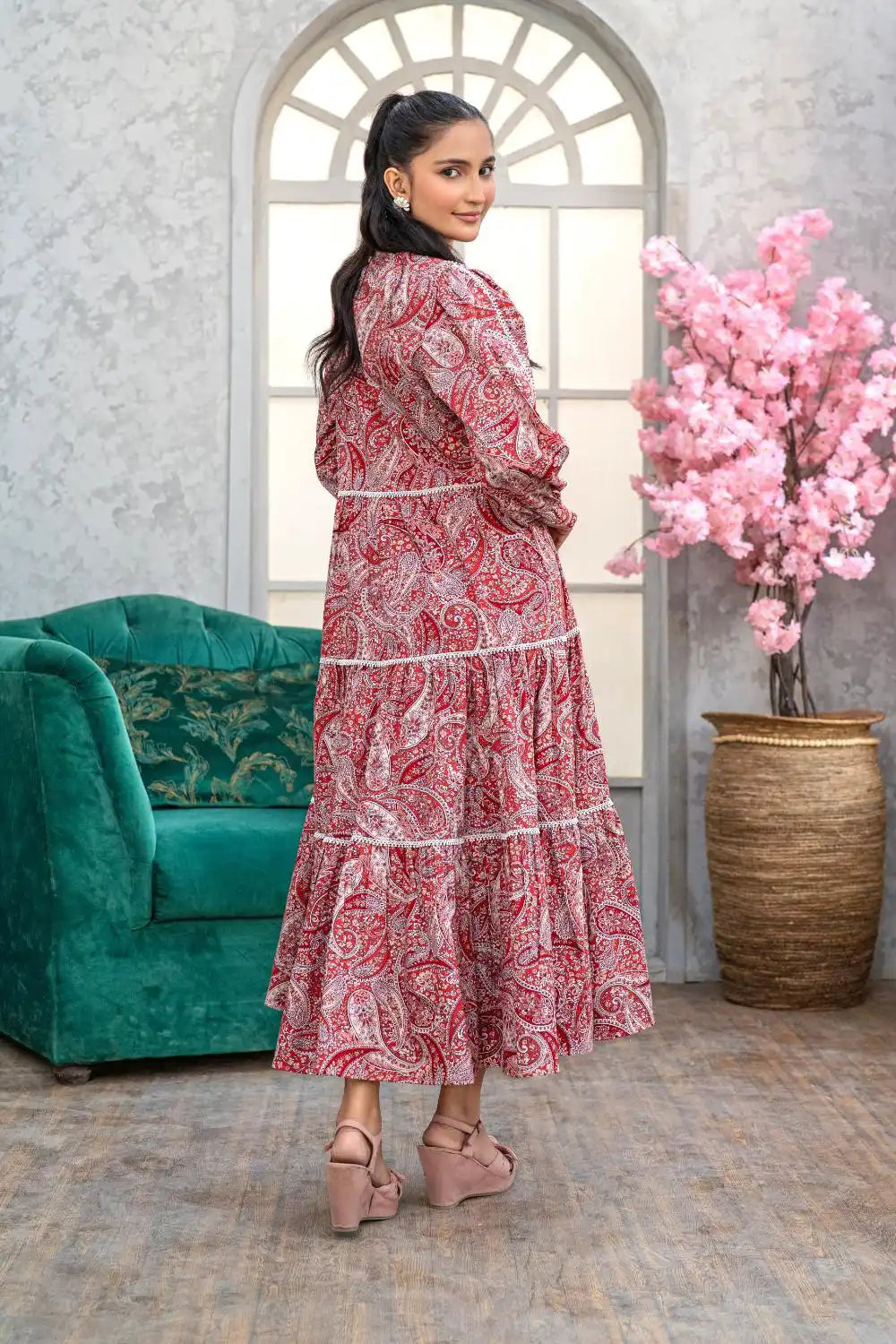 1 Piece Maxi Digital Printed Dress Red Cambric Cotton T-R-MAXI-015