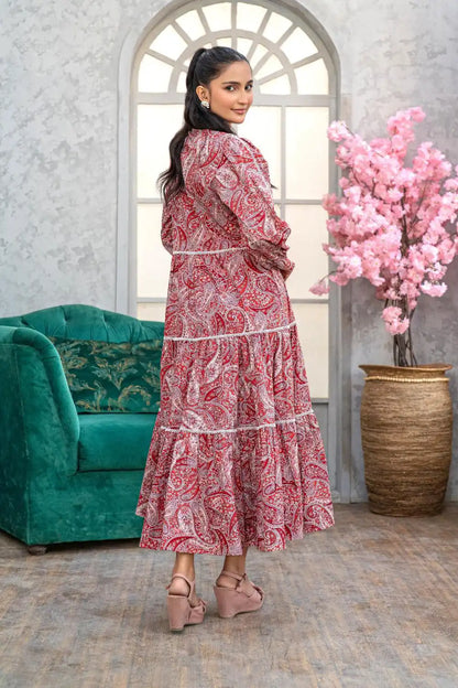 1 Piece Maxi Digital Printed Dress Red Cambric Cotton T-R-MAXI-015