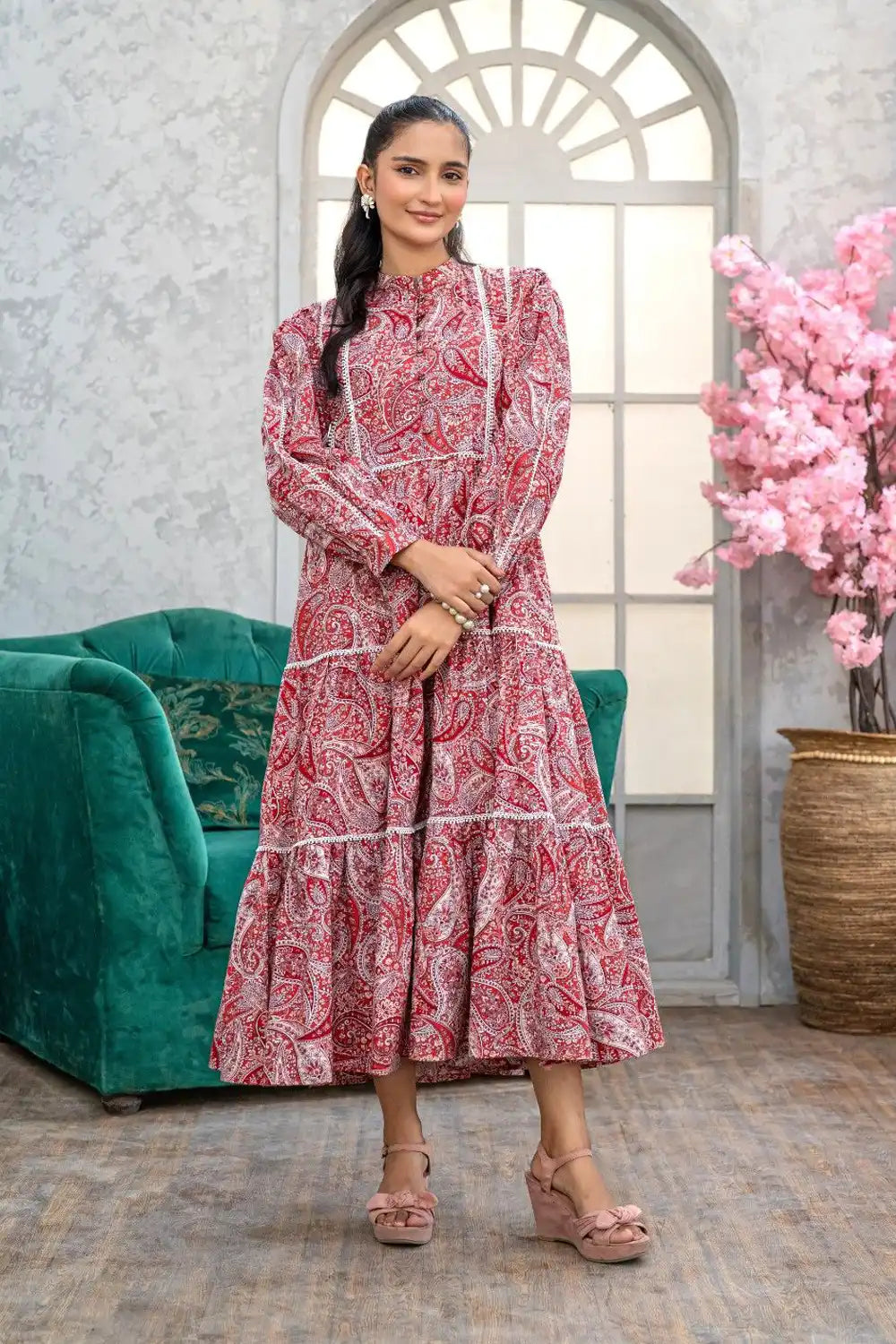 1 Piece Maxi Digital Printed Dress Red Cambric Cotton T-R-MAXI-015