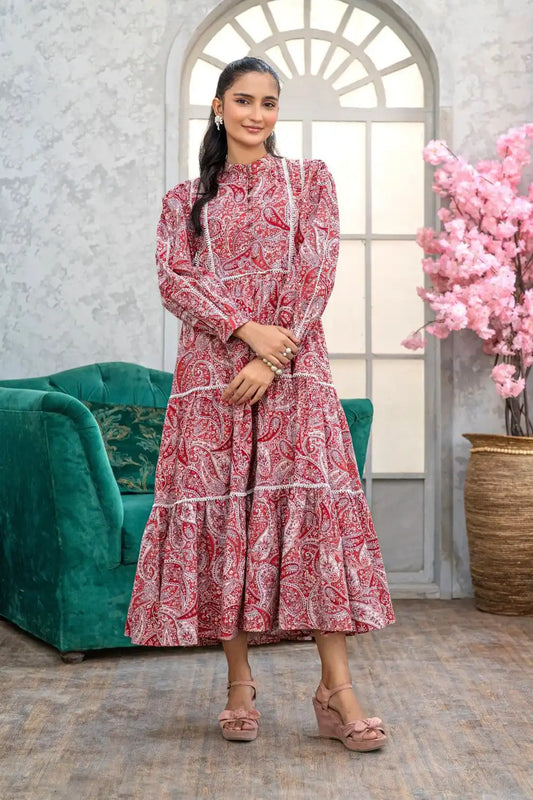 1 Piece Maxi Digital Printed Dress Red Cambric Cotton T-R-MAXI-015