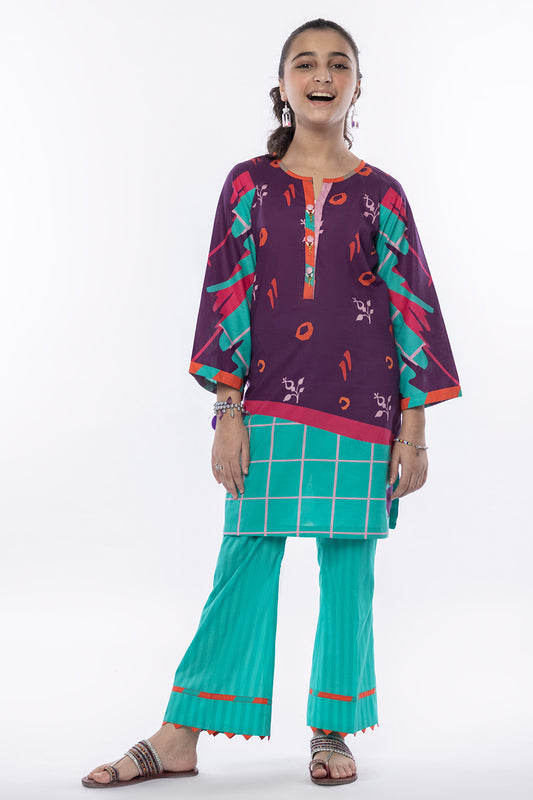 2 Piece Printed Lawn Suit in Dark Purple with Dyed Trouser MAC-015