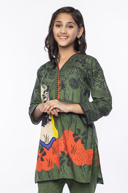 2 Piece Printed Lawn Suit in Green with Dyed Trouser MAC-025