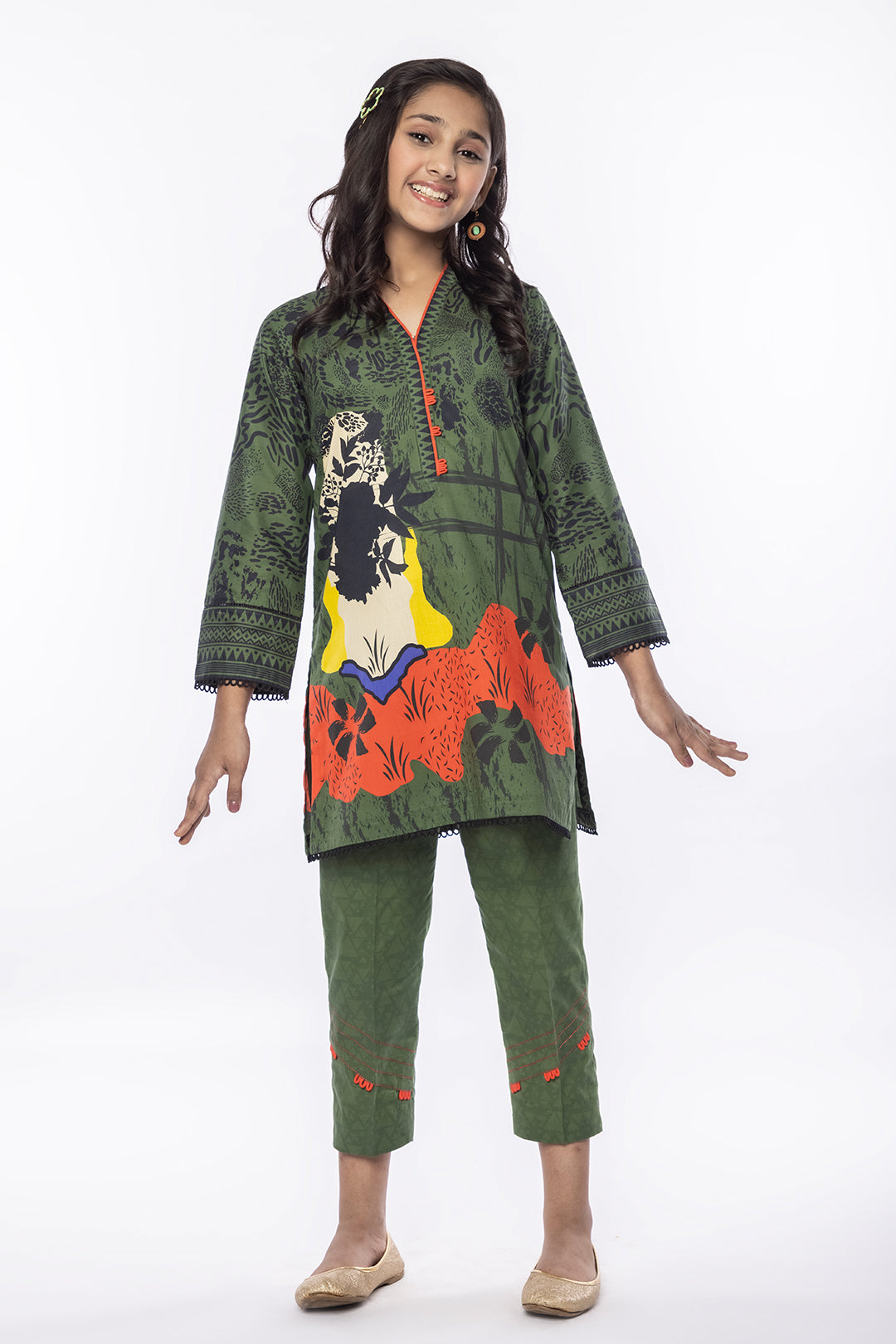 2 Piece Printed Lawn Suit in Green with Dyed Trouser MAC-025