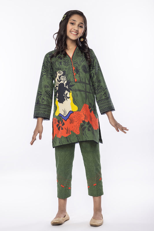 2 Piece Printed Lawn Suit in Green with Dyed Trouser MAC-025