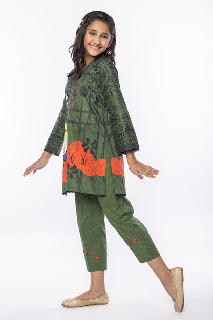 2 Piece Printed Lawn Suit in Green with Dyed Trouser MAC-025